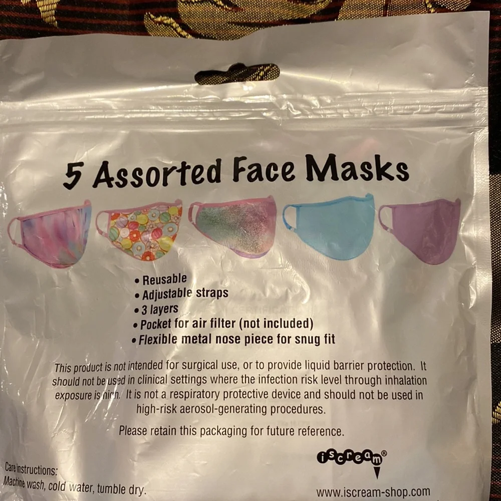 💖💛💙NWT iScream 5 - 3 Layer Face Masks w/Pocket for Filter & Metal Nose Piece